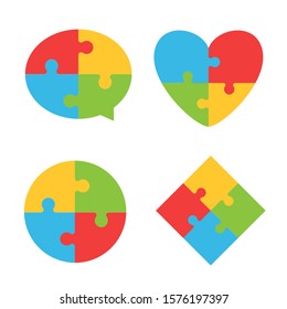 Logo template set with colorful mind puzzles piece and jigsaws details. Circle, heart, talking bubble and rhomb shapes