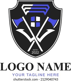 Logo template with a shield and stylized axes. Perfect as a heraldic logo. Vector illustration.