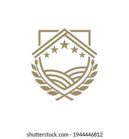 Logo template of shield with wheat and barn suitable for agriculture symbol, organic food icon, rice product label, foodstuffs and others