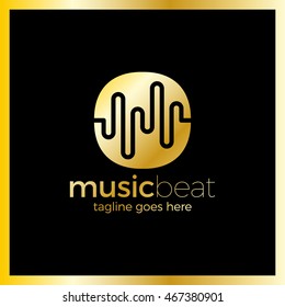 Logo template sound wave, dj, audio system, store. Brand, branding, company, corporate, identity, logotype. Music Beats in circle. Luxury gold metal style