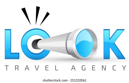 Logo template, spyglass, travel, resort, guide service, advertising, astronomers, or creative company, vector