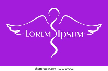 Plantilla de logotipo con un ángel estilizado en un fondo lila. Ilustración vectorial.