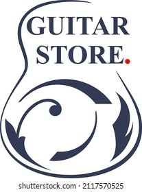 Logo template with a stylized guitar and decorations. Perfect for guitar store.