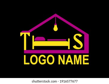 Logo template with a stylized house based on the letters T and S, with a bed and a light bulb. Vector illustration. Perfect for hotels, hostels and guest houses.