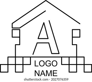 Plantilla de logotipo con una letra A estilizada en una casa elegante con techo y paredes. Ilustración vectorial.