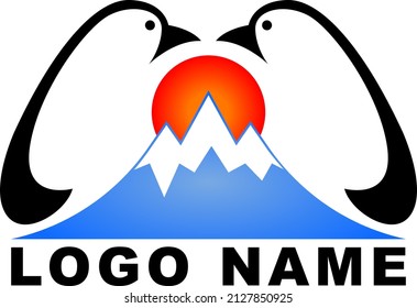 Plantilla de logotipo con pingüinos estilizados, montañas y el sol. Ilustración vectorial.