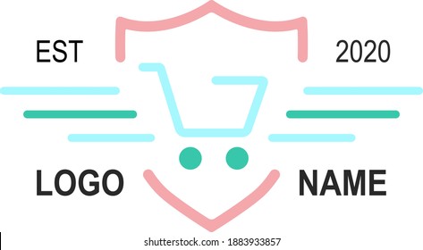 Logo template with stylized shield and supermarket cart. Vector illustration.