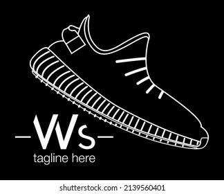 Logo template with stylized sneaker on a black background. Vector illustration.