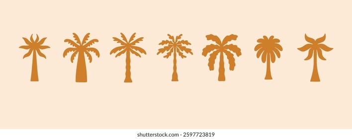 logo template summer palm logo icon set, tropical hand drawn illustrations palms, tropical concept, collection palm trees boho elements. Vector illustration