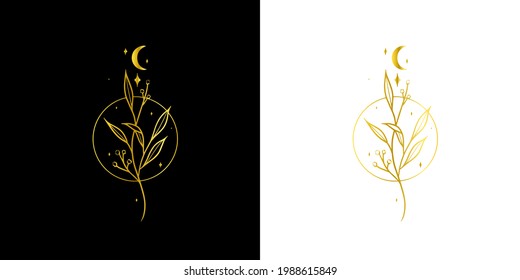 Plantilla de logotipo, tatuaje. Un conjunto de logos en estilo minimalista. Elegante logo de la luna dorada con estrellas, hojas y círculo. Elegante. Lujo. Brillante. Estilo boho. Fondo blanco y negro.