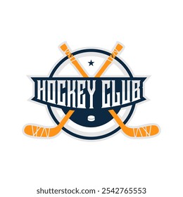 Logo-Vorlage für Team, Club, Turnier. Eishockey-Logo, Vektorgrafik, Poster. Hockey-Emblem mit gekreuztem Hockeyschild.
