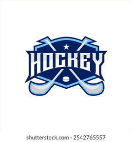 Logo-Vorlage für Team, Club, Turnier. Eishockey-Logo, Vektorgrafik, Poster. Hockey-Emblem mit gekreuztem Hockeyschild.
