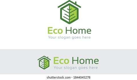 A logo template that shows a mix between a green leaf and a cubic shaped house.