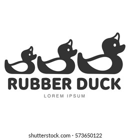 Logo template with three rubber duck swimming ring, vector illustration isolated on white background. Silhouette, side view graphic dack shaped rubber ring logotype, logo design