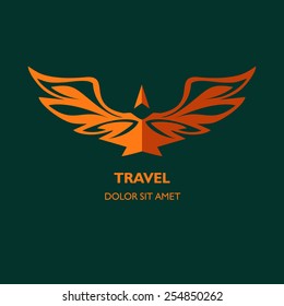 Logo template for travel agency, air carrier.Reliability, professionalism. Image of an eagle with spread wings, arrow, upward movement. Strength, power, safe