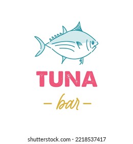 Plantilla de logotipo con atún para restaurante de pescado o barra sobre fondo blanco dibujada a mano. Emblema para la carta de restaurantes de pescado, bistró, mercados y tiendas. Ilustración del vector
