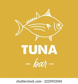 Plantilla de logotipo con atún para restaurante de pescado o barra sobre fondo amarillo dibujado a mano. Emblema para la carta de restaurantes de pescado, bistró, mercados y tiendas. Ilustración del vector