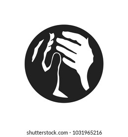 Logo template with two white hands into black circle shined from the centre. Emblem, design concept, creative symbol, icon. Isolated on a white background.