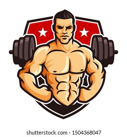 Logo template vector of Bodybuilder gym fitness theme, with muscle man character or mascot and barbell