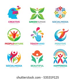 Logo template vector set collection - creative illustrations. Human character, social media people, hand touch, flower and green leaves, creative brain, positive concept sign. 