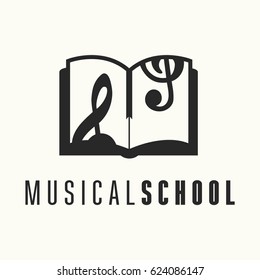 Logo template for vocal or music school. Vector illustration on white background. Treble clef stylized logo, illustration. Book emblem. 
