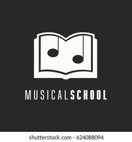 Logo template for vocal or music school. Vector illustration on white background. Musical notes stylized logo, illustration. Book emblem. 