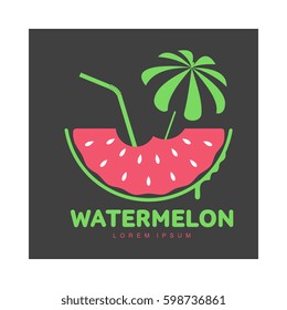 Logo template with watermelon slice, beach umbrella and cocktail straw, summer season concept, vector illustration isolated on black background. Watermelon logotype, logo design, summer vacation