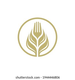 Logo template of wheat and fork suitable for food restaurant icon, organic rice product label, foodstuffs, agriculture symbol and others