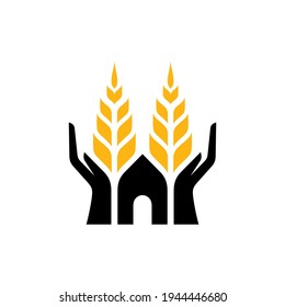 Logo Template Of Wheat With Hand And Barn Suitable For Organic Food Icon, Agriculture, Rice Product Label, Foodstuffs, Bread And Others