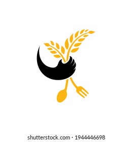 Logo template of wheat with hand holding a spoon and fork suitable for food symbol, restaurant, rice product label, foodstuffs, bread and others