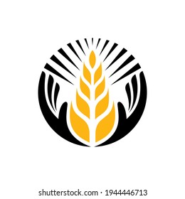 Logo Template Of Wheat With Hand And Sun Suitable For Agriculture Symbol, Organic Food Icon, Rice Product Label, Foodstuffs, Bakery And Others