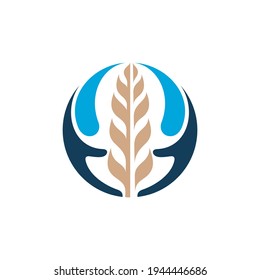 Plantilla de logotipo de trigo con mano y agua aptas para la agricultura, ícono de alimento orgánico, etiqueta de producto de arroz, productos alimenticios, pan y otros