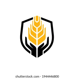 Logo Template Of Wheat With Shield And Hand Shape Good For Food Icon, Organic Rice Product Label, Foodstuffs, Agriculture Symbol And Others
