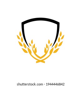 Logo template of wheat and shield suitable for food icon, organic rice product label, foodstuffs, agriculture and others