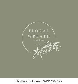 Logo template with wild plant botanical elements. Elegant vector floral frame for labels, business identity, wedding invitation, save the date, branding