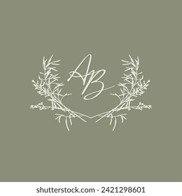 Logo template with wild plant botanical elements. Elegant vector floral frame for labels, business identity, wedding invitation, save the date, branding