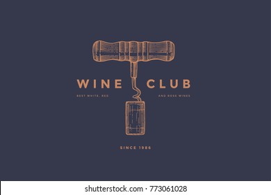 Logo template of wine club with image corkscrew and wine cork on dark blue background. Vector design element for wine store, menu, brand and identity.