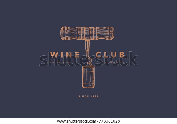 Logo template of wine club with image\
corkscrew and wine cork on dark blue background. Vector design\
element for wine store, menu, brand and\
identity.