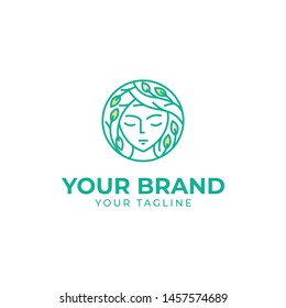 logo template of woman's face and organic hair with leaf in natural color