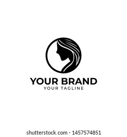 logo template of woman's face and waving hair in circle