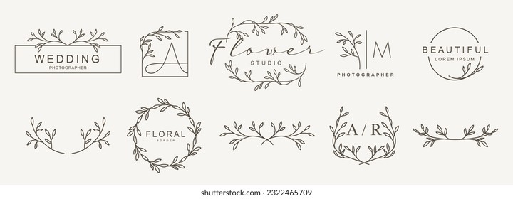 Logo templates with hand drawn branches and leaves in line art. Elegant vector floral frame, wreath for label, corporate identity, wedding invitation, save the date
