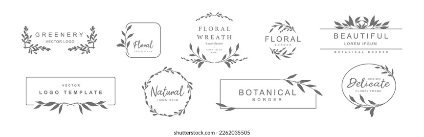 Logo templates with hand drawn silhouettes of branches and leaves. Elegant vector floral frame for labels, corporate identity, wedding invitation save the date