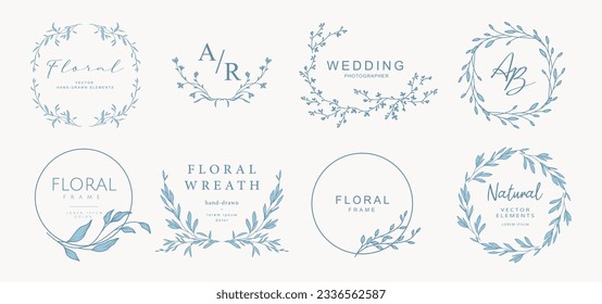 Logo templates with hand drawn silhouettes of branches, flowers and leaves. Wreath in line art. Elegant vector floral frame for labels, corporate identity, wedding invitation save the date