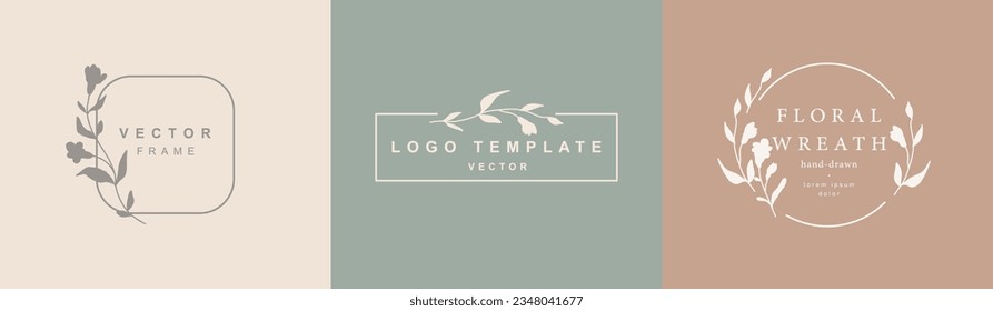 Logo templates with hand drawn silhouettes of flowers and leaves. Elegant delicate vector floral frame for labels, corporate identity, wedding invitation, save the date