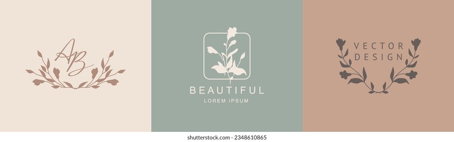 Logo templates with hand drawn silhouettes of flowers and leaves. Elegant delicate vector floral frame for labels, corporate identity, wedding invitation, save the date