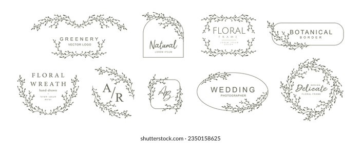 Logo templates with hand drawn silhouettes of branches and leaves. Elegant delicate vector floral frame for labels, corporate identity, wedding invitation, save the date
