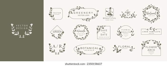 Logo templates with hand drawn silhouettes of flowers and leaves. Elegant delicate vector floral frame for labels, corporate identity, wedding invitation, save the date