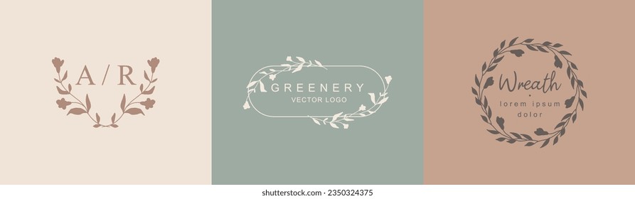 Plantillas de logotipo con siluetas dibujadas a mano de flores y hojas. Elegante y delicado marco floral vectorial para etiquetas, identidad corporativa, invitación a la boda, guardar la fecha