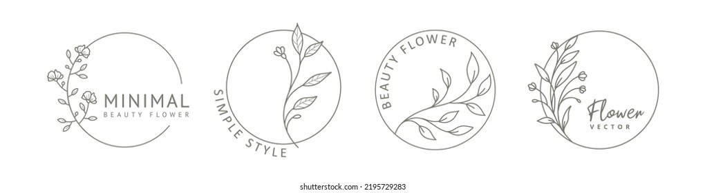 Logo templates in minimal linear style with hand drawn flowers. Elegant floral frame. Delicate botanical trendy vector illustration for labels, corporate identity, wedding invitation