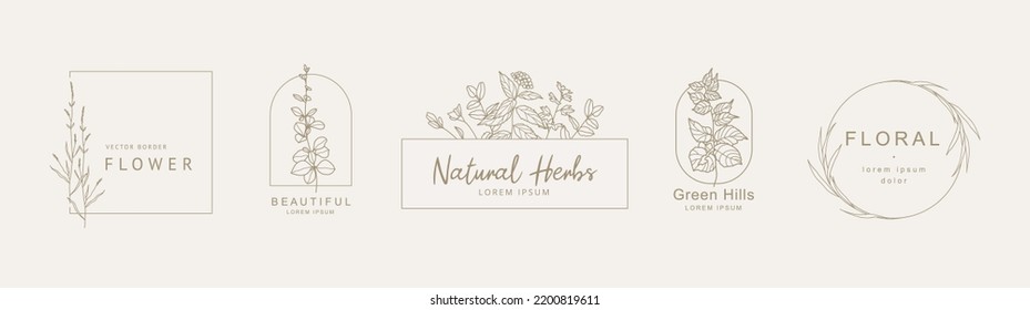 Logo templates in minimal linear style with hand drawn flowers,leaves and branch.Elegant floral frame. Delicate botanical trendy vector illustration for labels, corporate identity, wedding invitation